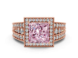 Rose gold Fancy Pink Princess Cut Halo Diamond Split Shank Ring with Prong Setting