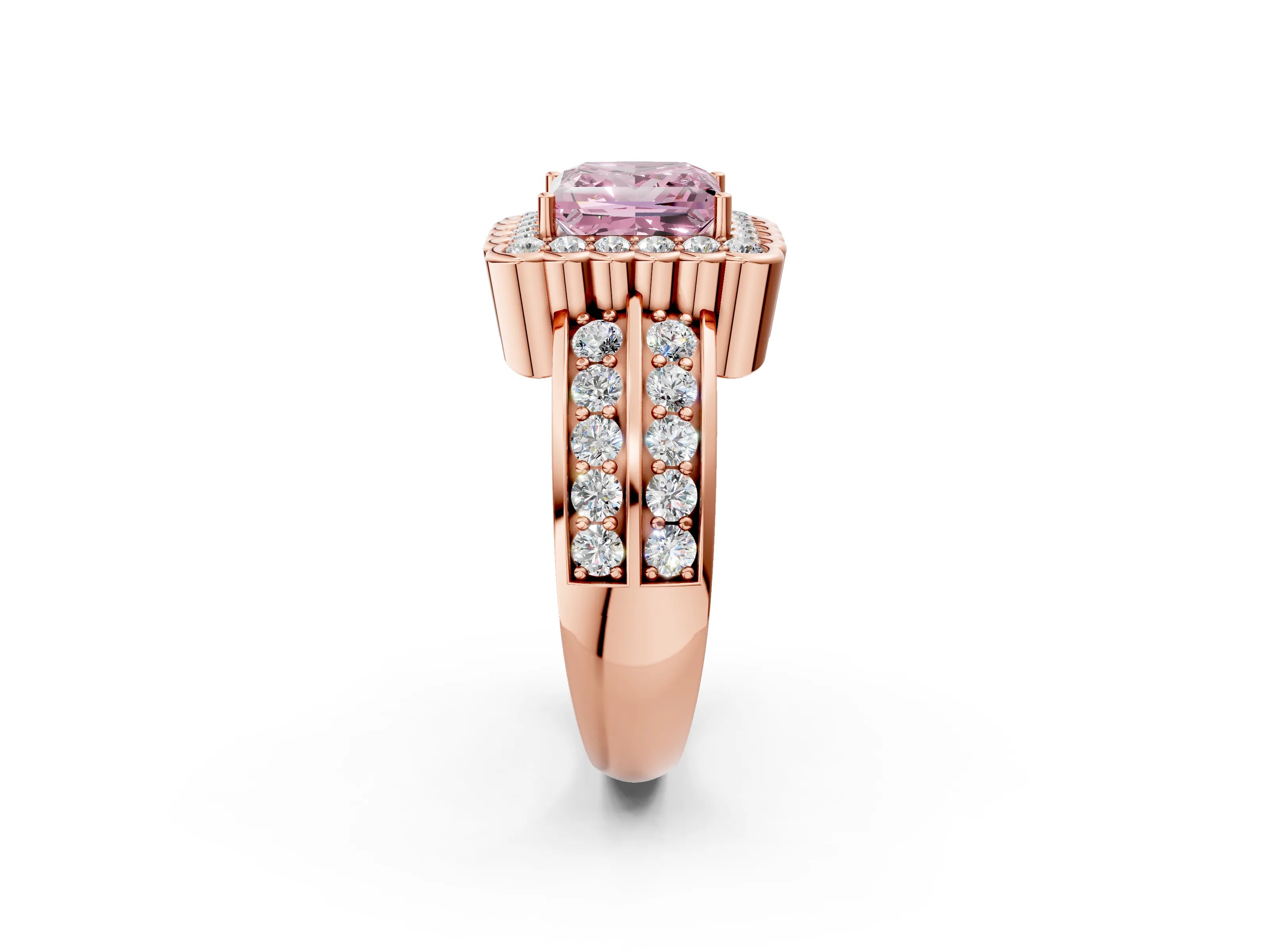 Rose gold Fancy Pink Princess Cut Halo Diamond Split Shank Ring with Scalloped Prong Setting_2