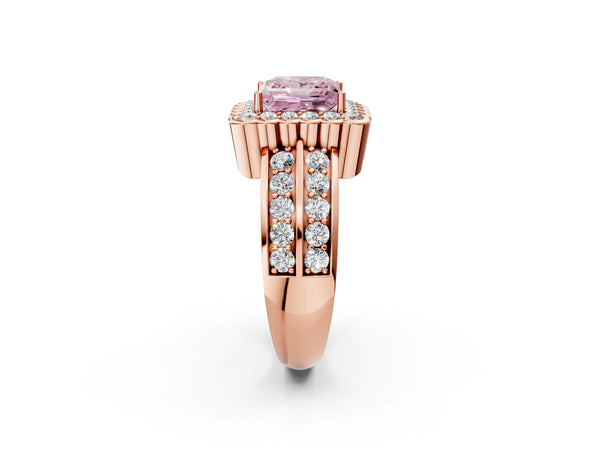Rose gold Fancy Pink Princess Cut Halo Diamond Split Shank Ring with Scalloped Prong Setting