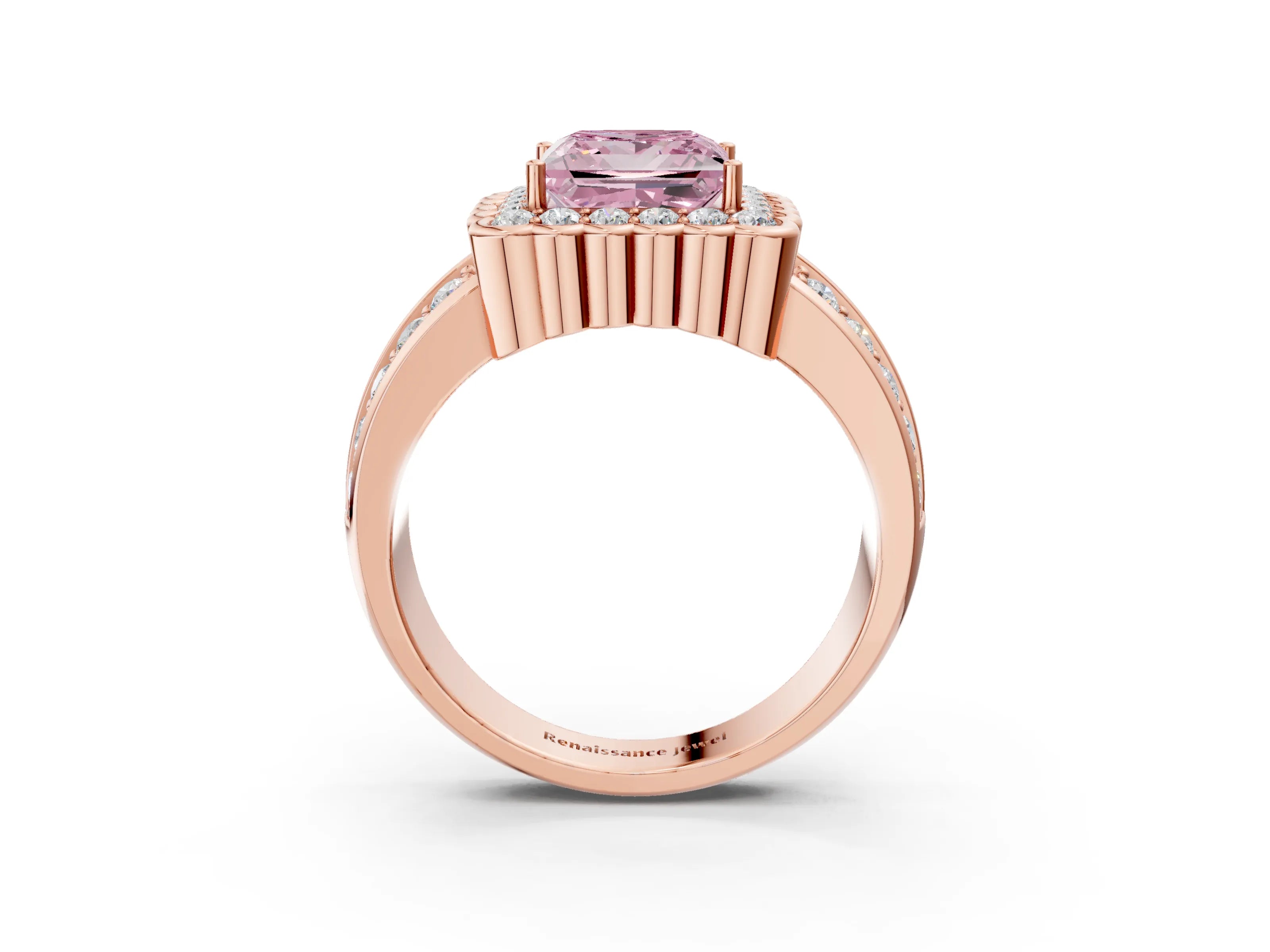 Rose gold Fancy Pink Princess Cut Halo Diamond Split Shank Ring with Scalloped Prong Setting_3
