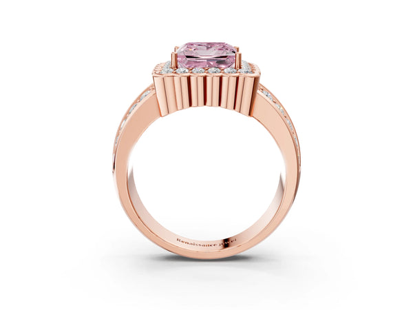 Rose gold Fancy Pink Princess Cut Halo Diamond Split Shank Ring with Scalloped Prong Setting