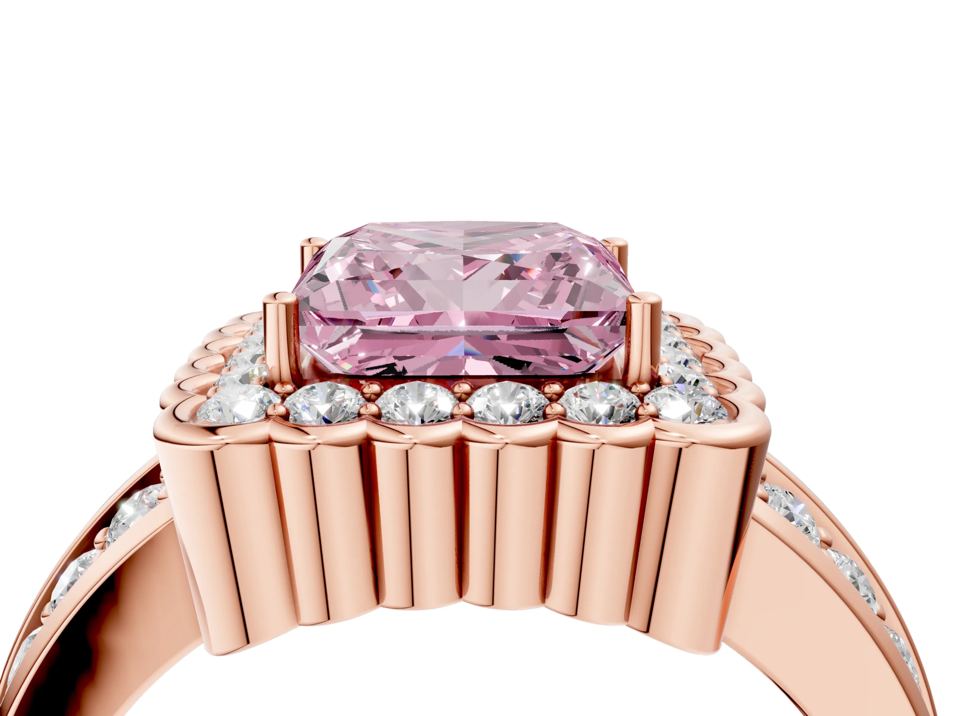 Rose gold Fancy Pink Princess Cut Halo Diamond Split Shank Ring with Scalloped Prong Setting_4
