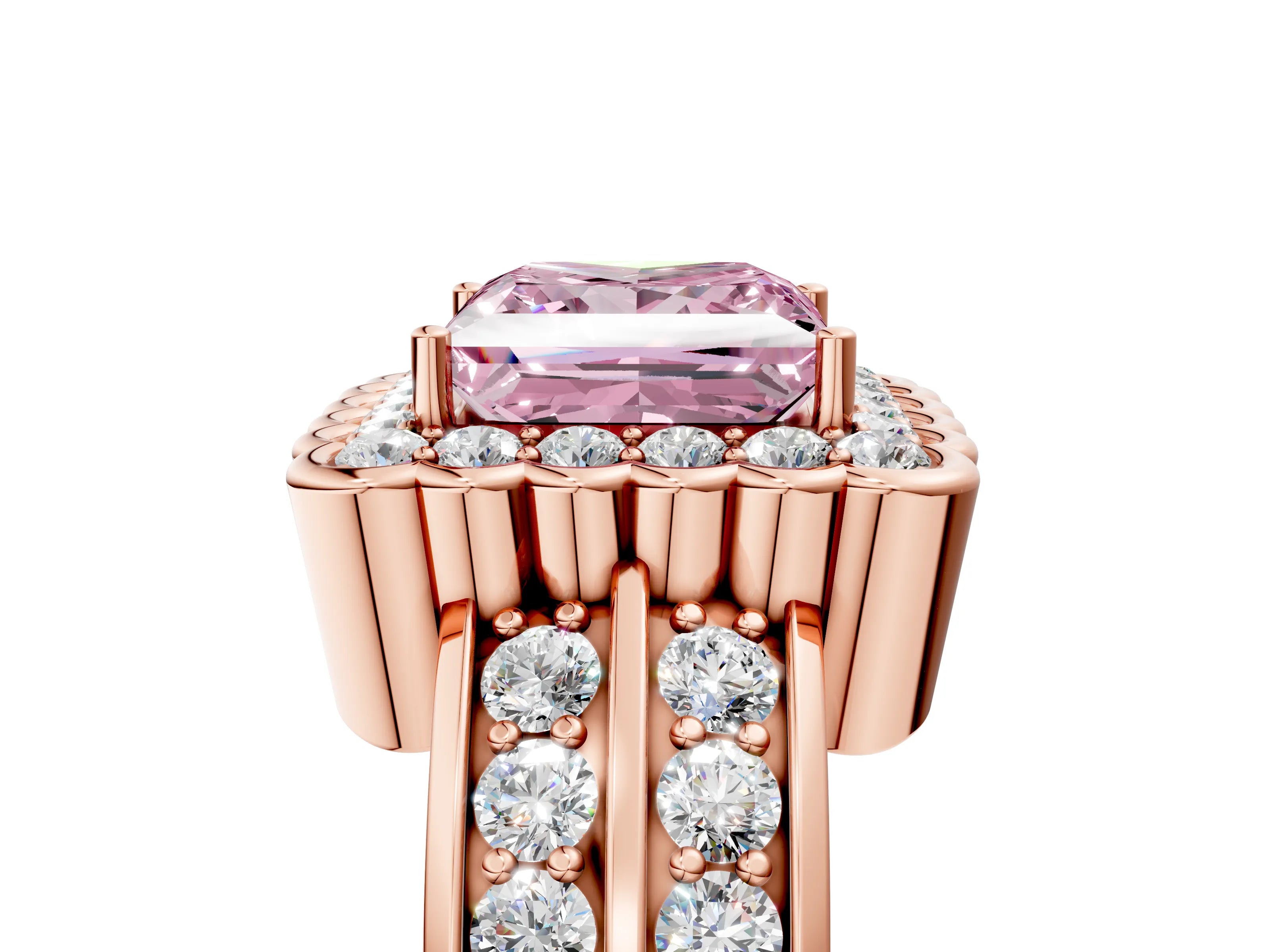 Rose gold Fancy Pink Princess Cut Halo Diamond Split Shank Ring with Scalloped Prong Setting_5