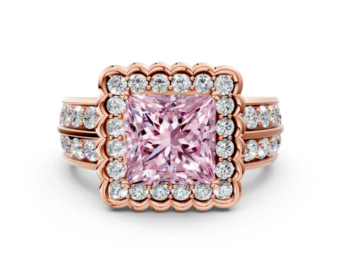 Rose gold Fancy Pink Princess Cut Halo Diamond Split Shank Ring with Scalloped Prong Setting