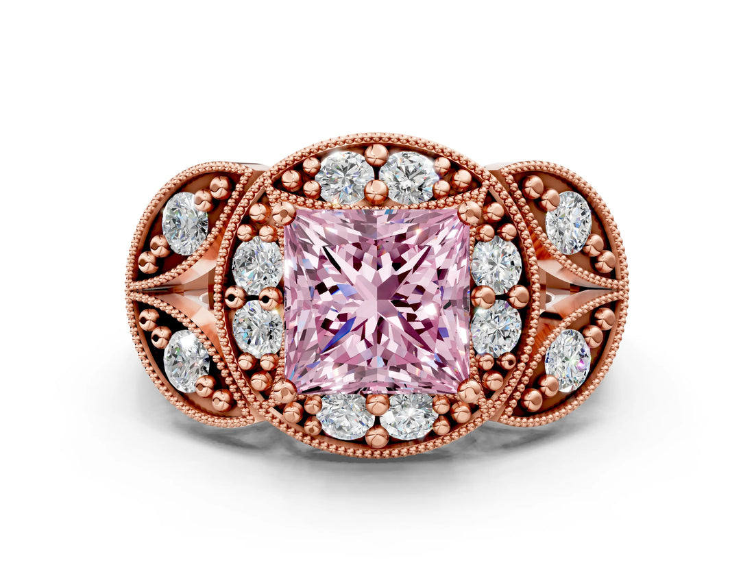 Rose gold Fancy Pink Princess Cut Halo Milgrain Diamond Engagement Ring with Leaf Band and Four-Prong Setting
