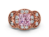 Rose gold Fancy Pink Princess Cut Halo Milgrain Diamond Engagement Ring with Leaf Band and Four-Prong Setting