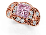 Rose gold Fancy Pink Princess Cut Halo Milgrain Diamond Engagement Ring with Leaf Band and Four-Prong Setting_1