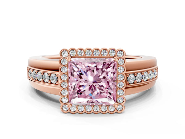 Rose gold Fancy Pink Princess  Cut Halo Pave Band Four-Prong Ring