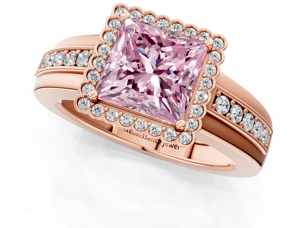 Rose gold Fancy Pink Princess  Cut Halo Pave Band Four-Prong Ring