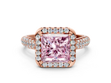 Rose gold Fancy Pink Princess  Cut Halo Pave Band Four-Prong Setting Ring