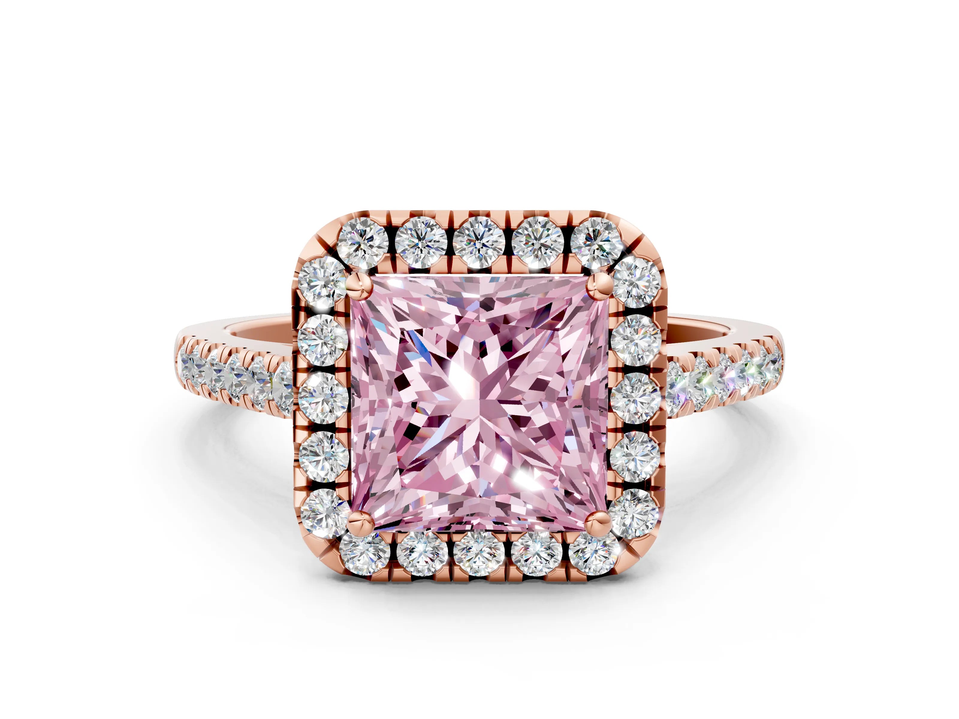 Rose gold Fancy Pink Princess Cut Halo Pave Diamond Engagement Ring with Four-Prong Setting