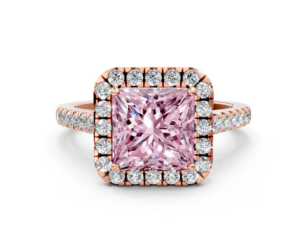 Rose gold Fancy Pink Princess Cut Halo Pave Diamond Engagement Ring with Four-Prong Setting
