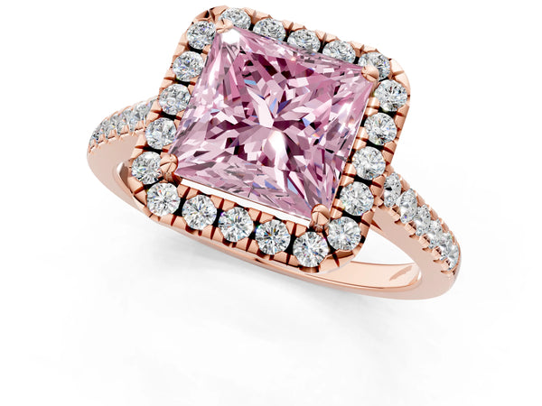 Rose gold Fancy Pink Princess Cut Halo Pave Diamond Engagement Ring with Four-Prong Setting