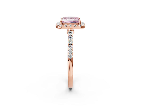 Rose gold Fancy Pink Princess Cut Halo Pave Diamond Engagement Ring with Four-Prong Setting