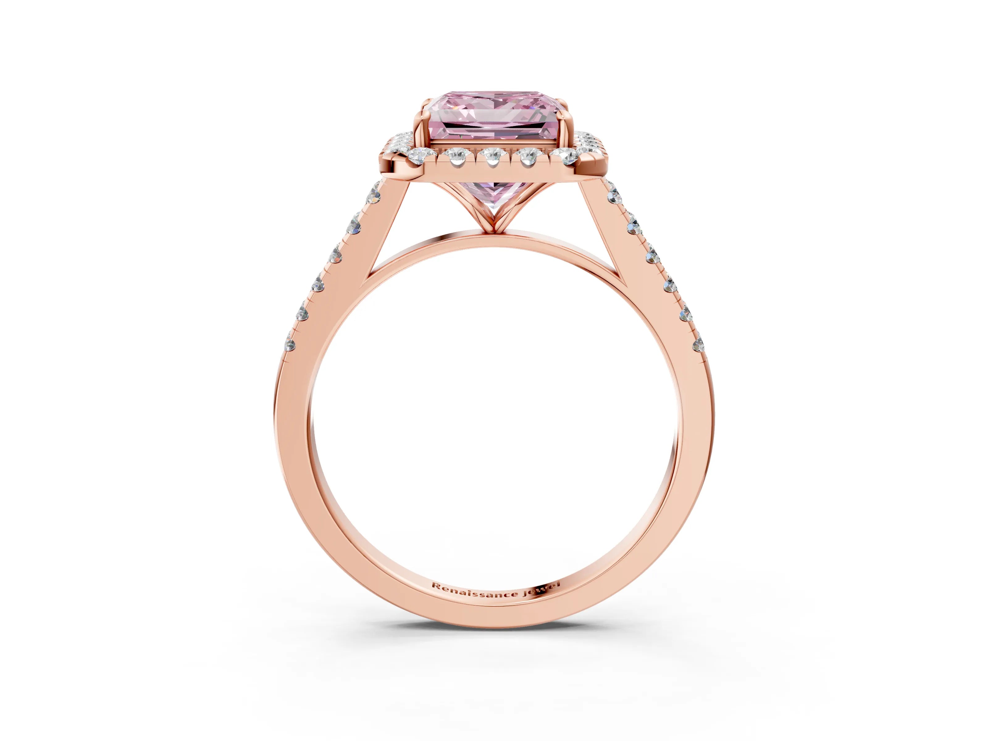 Rose gold Fancy Pink Princess Cut Halo Pave Diamond Engagement Ring with Four-Prong Setting_3