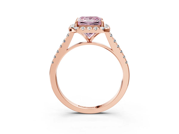 Rose gold Fancy Pink Princess Cut Halo Pave Diamond Engagement Ring with Four-Prong Setting