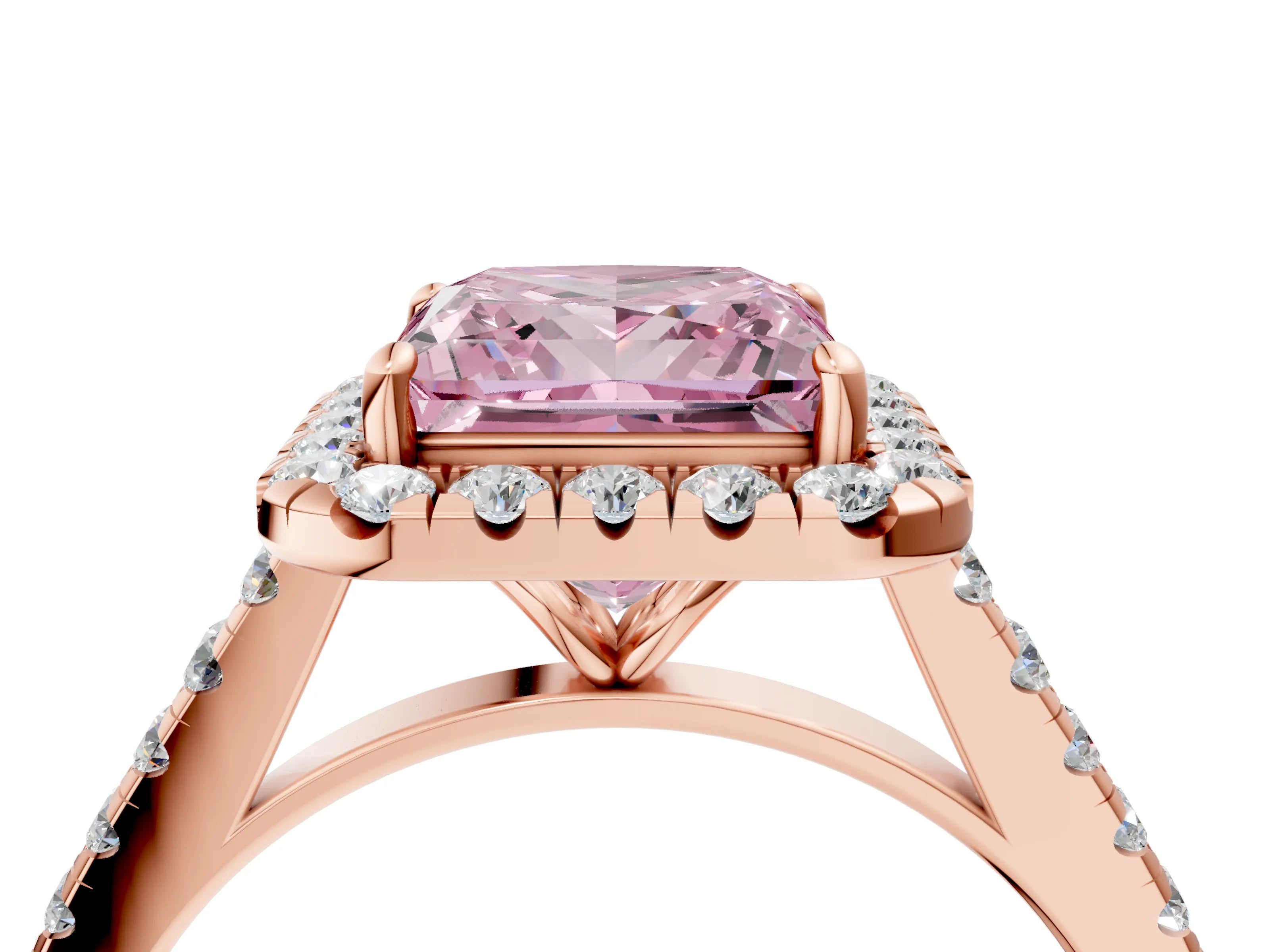 Rose gold Fancy Pink Princess Cut Halo Pave Diamond Engagement Ring with Four-Prong Setting_4