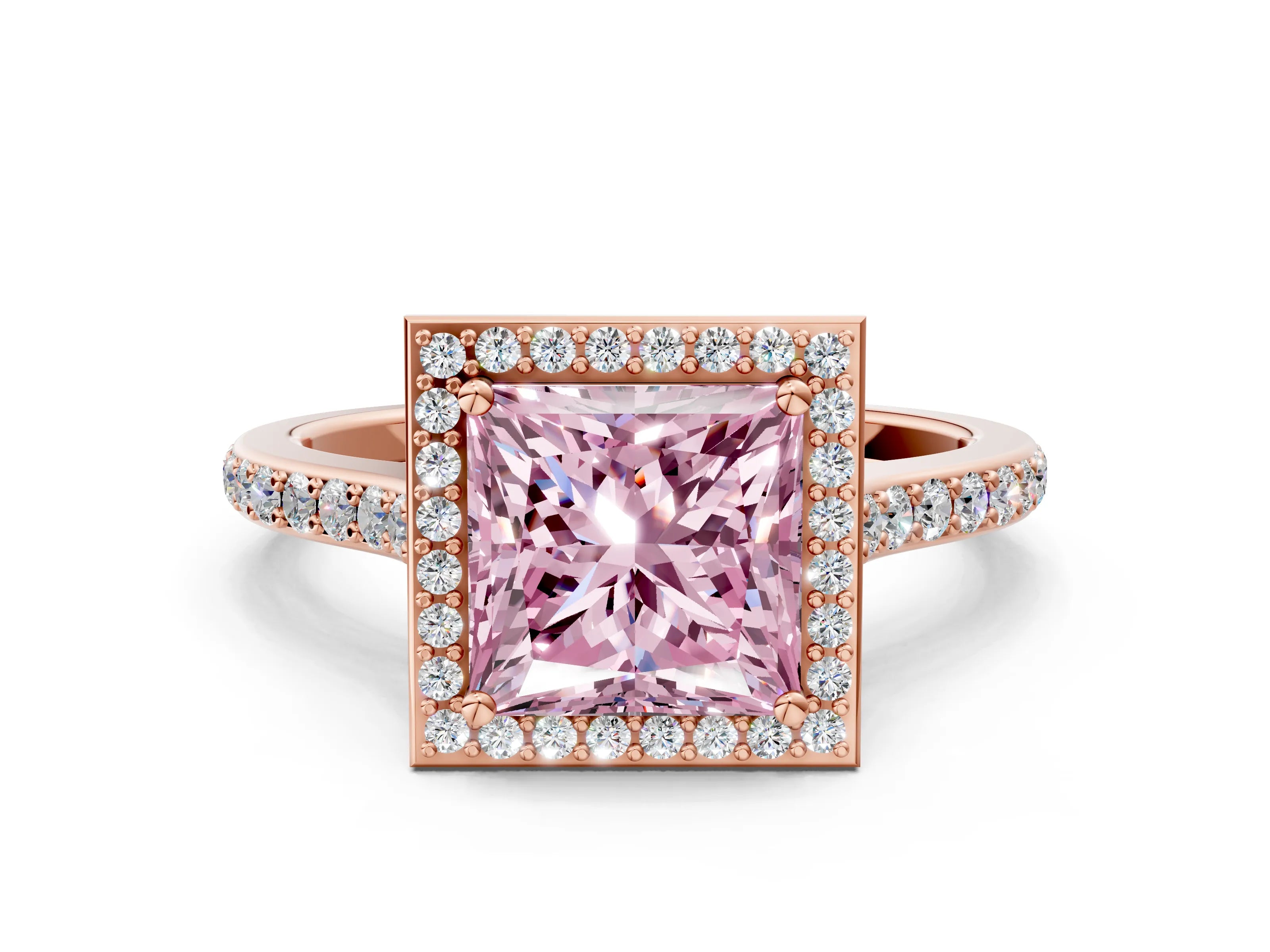 Rose gold Fancy Pink Princess Cut Halo Round Diamond Pavé Band with Four-Prong Setting_3