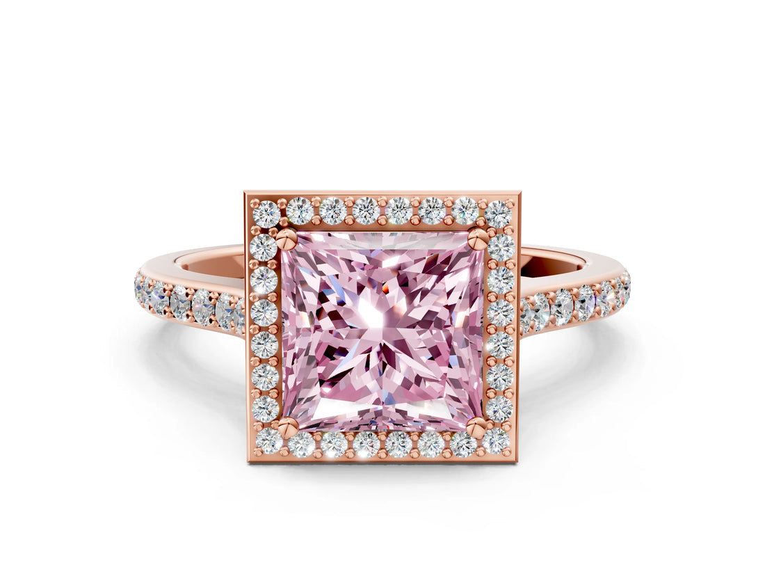 Rose gold Fancy Pink Princess Cut Halo Round Diamond Pavé Band with Four-Prong Setting_3