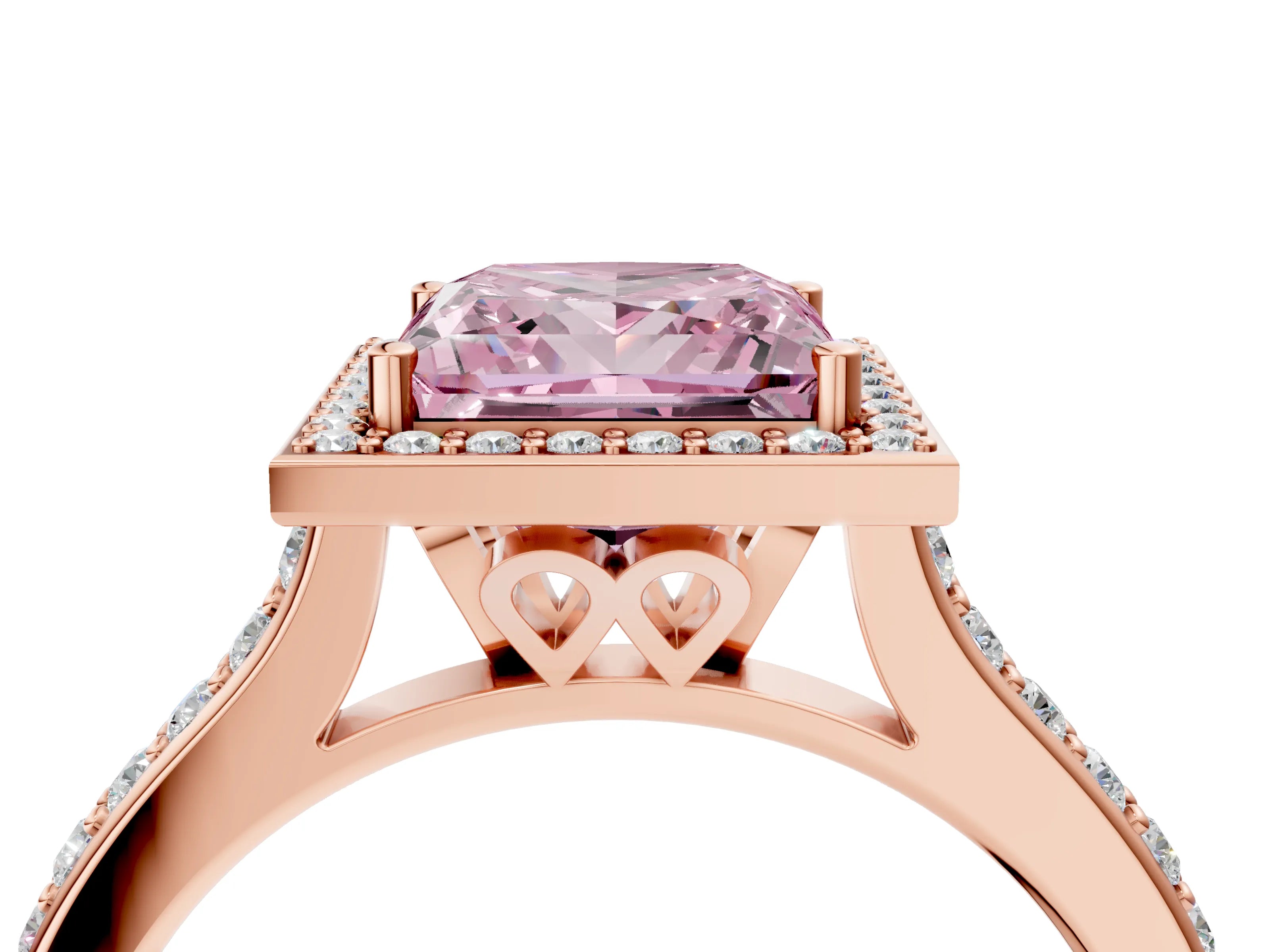 Rose gold Fancy Pink Princess Cut Halo Round Diamond Pavé Band with Four-Prong Setting_7