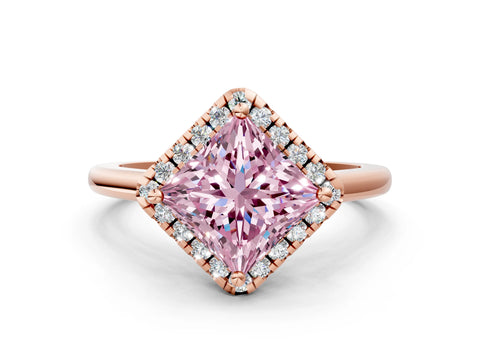 Rose gold Fancy Pink Princess Cut Halo Round Diamond Solitaire Engagement Ring with Pave Band and Four-Prong Setting_12