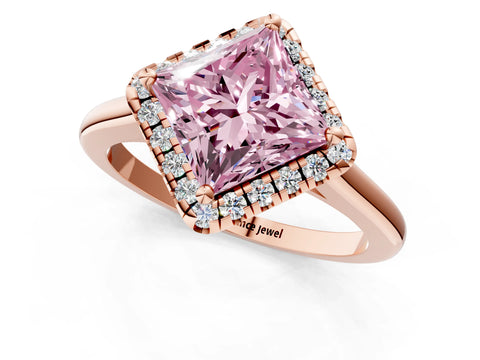 Rose gold Fancy Pink Princess Cut Halo Round Diamond Solitaire Engagement Ring with Pave Band and Four-Prong Setting_13