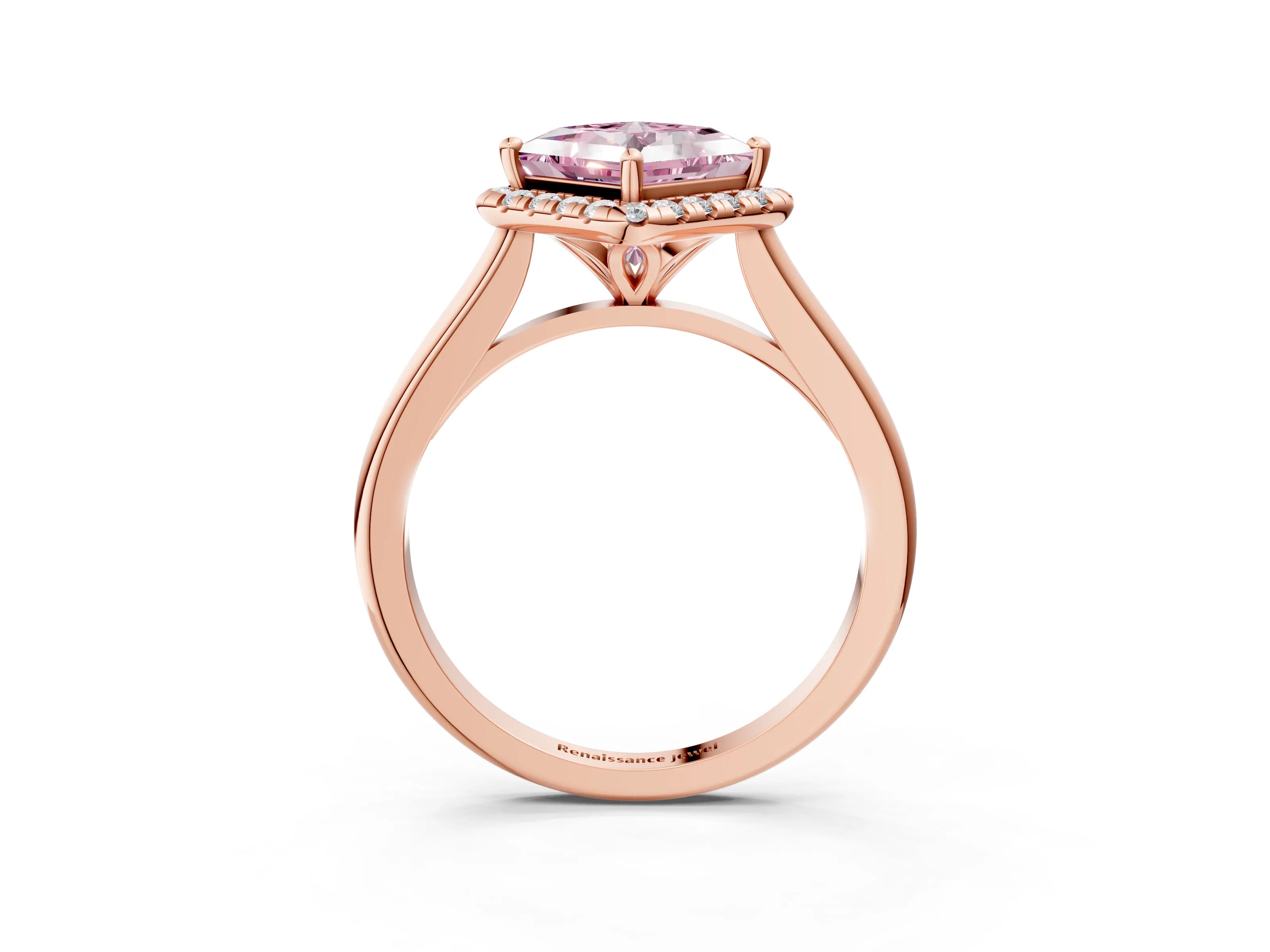 Rose gold Fancy Pink Princess Cut Halo Round Diamond Solitaire Engagement Ring with Pave Band and Four-Prong Setting_15