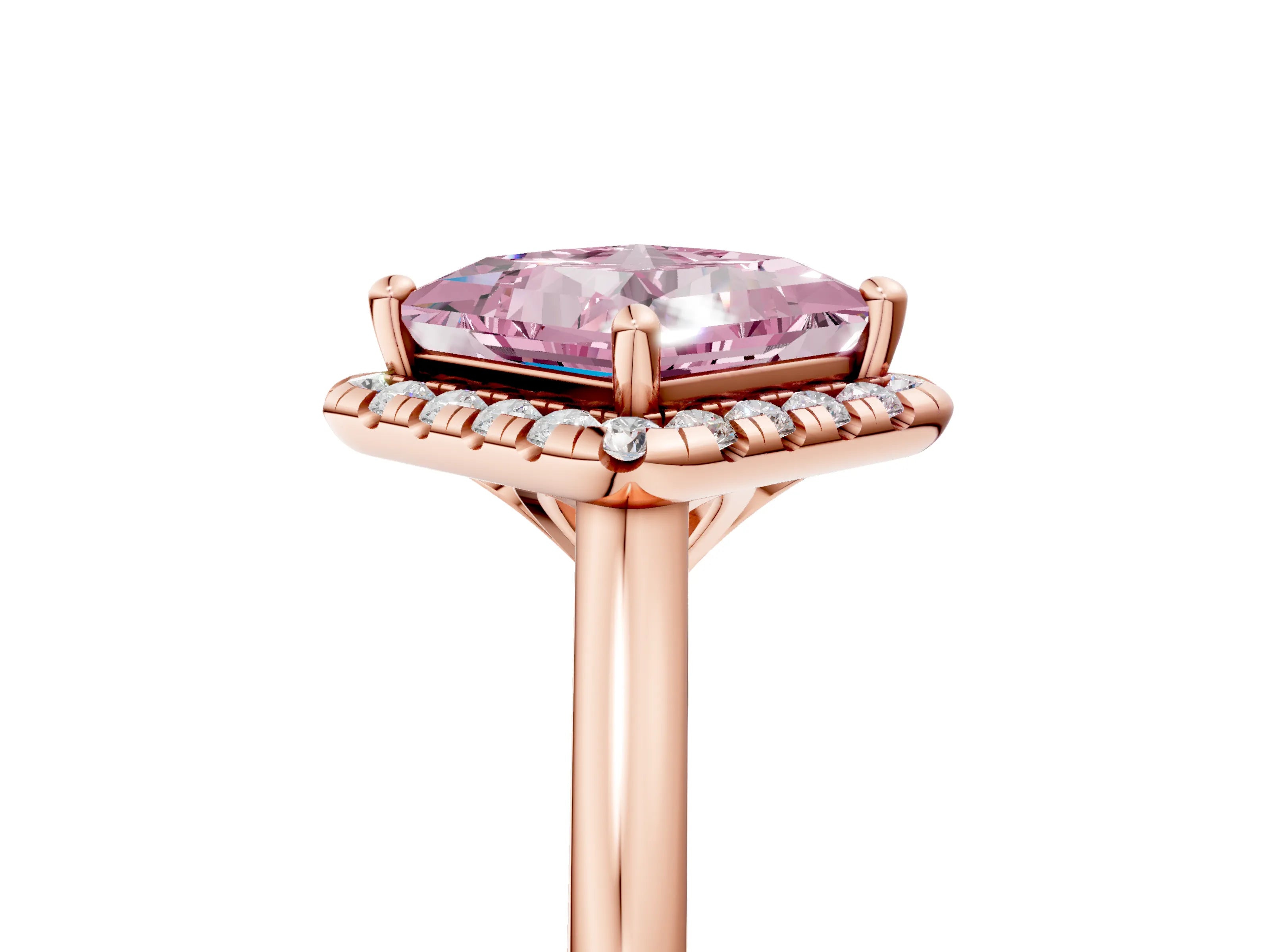 Rose gold Fancy Pink Princess Cut Halo Round Diamond Solitaire Engagement Ring with Pave Band and Four-Prong Setting_17