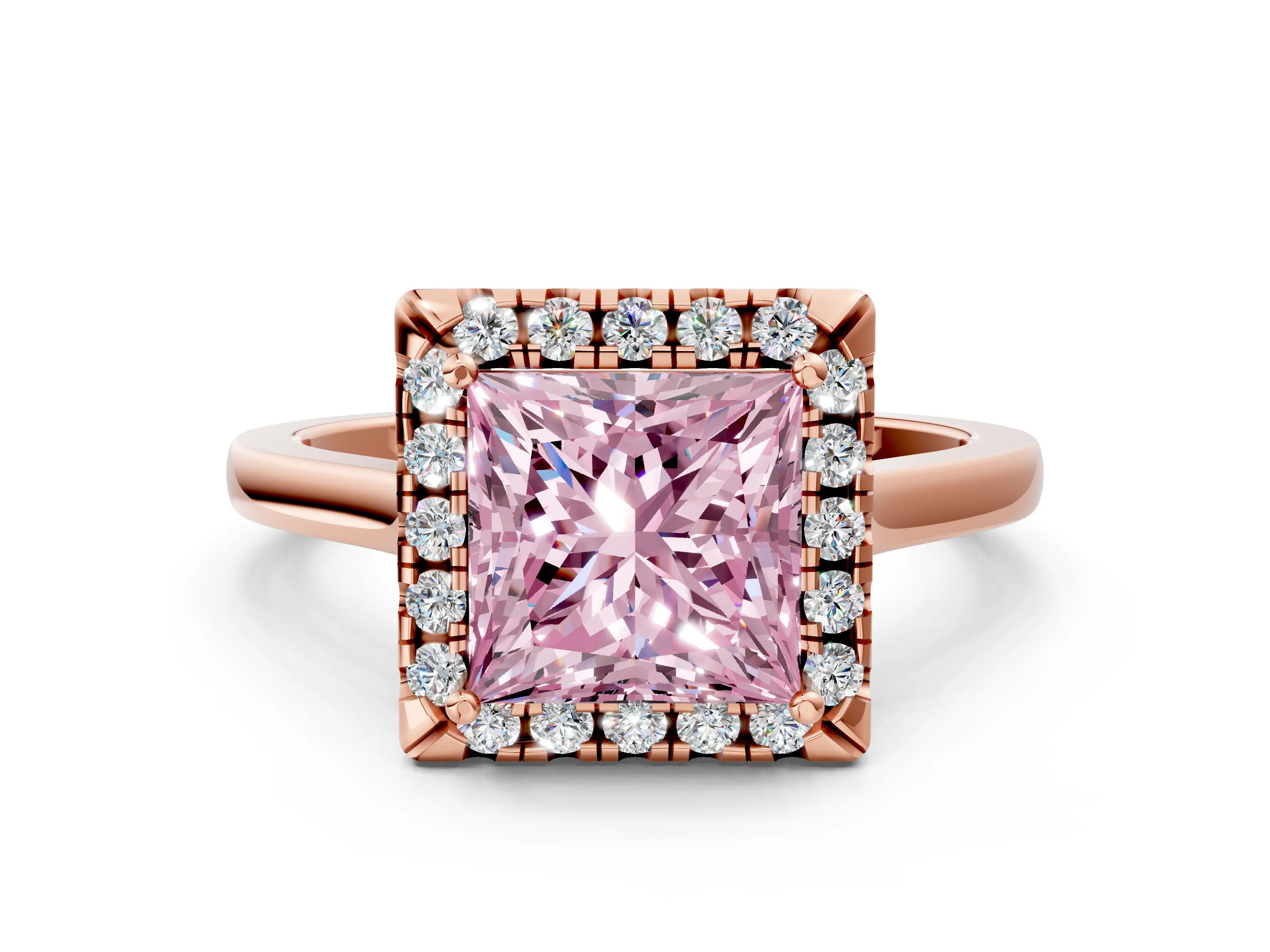 Rose gold Fancy Pink Princess Cut Halo Round Diamond Solitaire Ring with Pavé Band and Four-Prong Setting_12