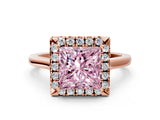 Rose gold Fancy Pink Princess Cut Halo Round Diamond Solitaire Ring with Pavé Band and Four-Prong Setting_12