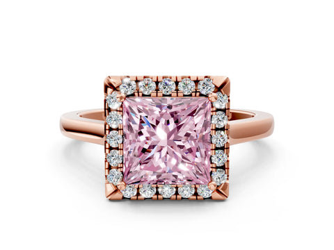 Rose gold Fancy Pink Princess Cut Halo Round Diamond Solitaire Ring with Pavé Band and Four-Prong Setting_12
