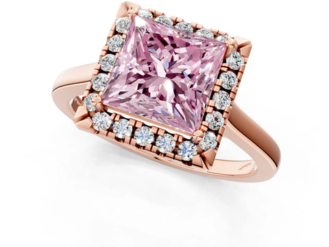 Rose gold Fancy Pink Princess Cut Halo Round Diamond Solitaire Ring with Pavé Band and Four-Prong Setting_13