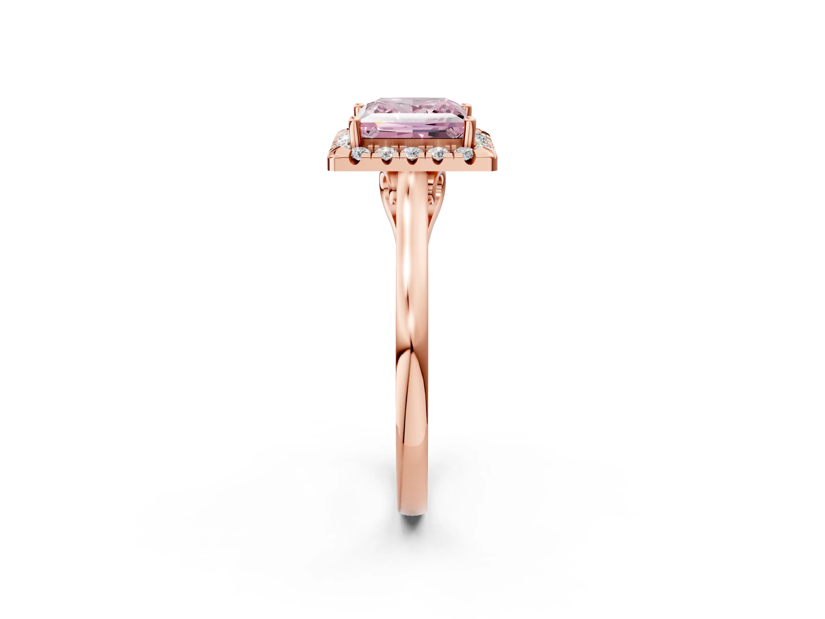 Rose gold Fancy Pink Princess Cut Halo Round Diamond Solitaire Ring with Pavé Band and Four-Prong Setting_14