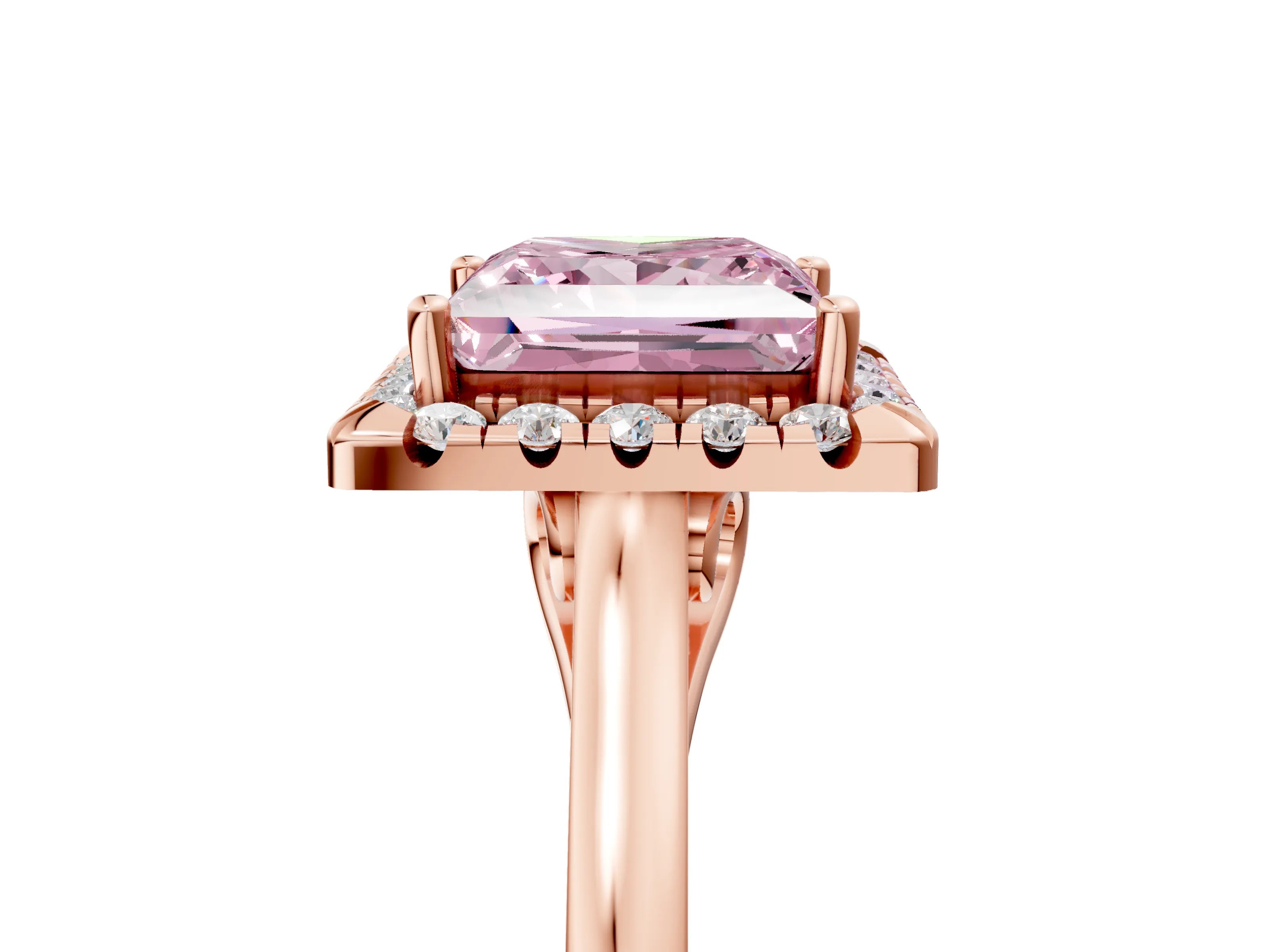 Rose gold Fancy Pink Princess Cut Halo Round Diamond Solitaire Ring with Pavé Band and Four-Prong Setting_17