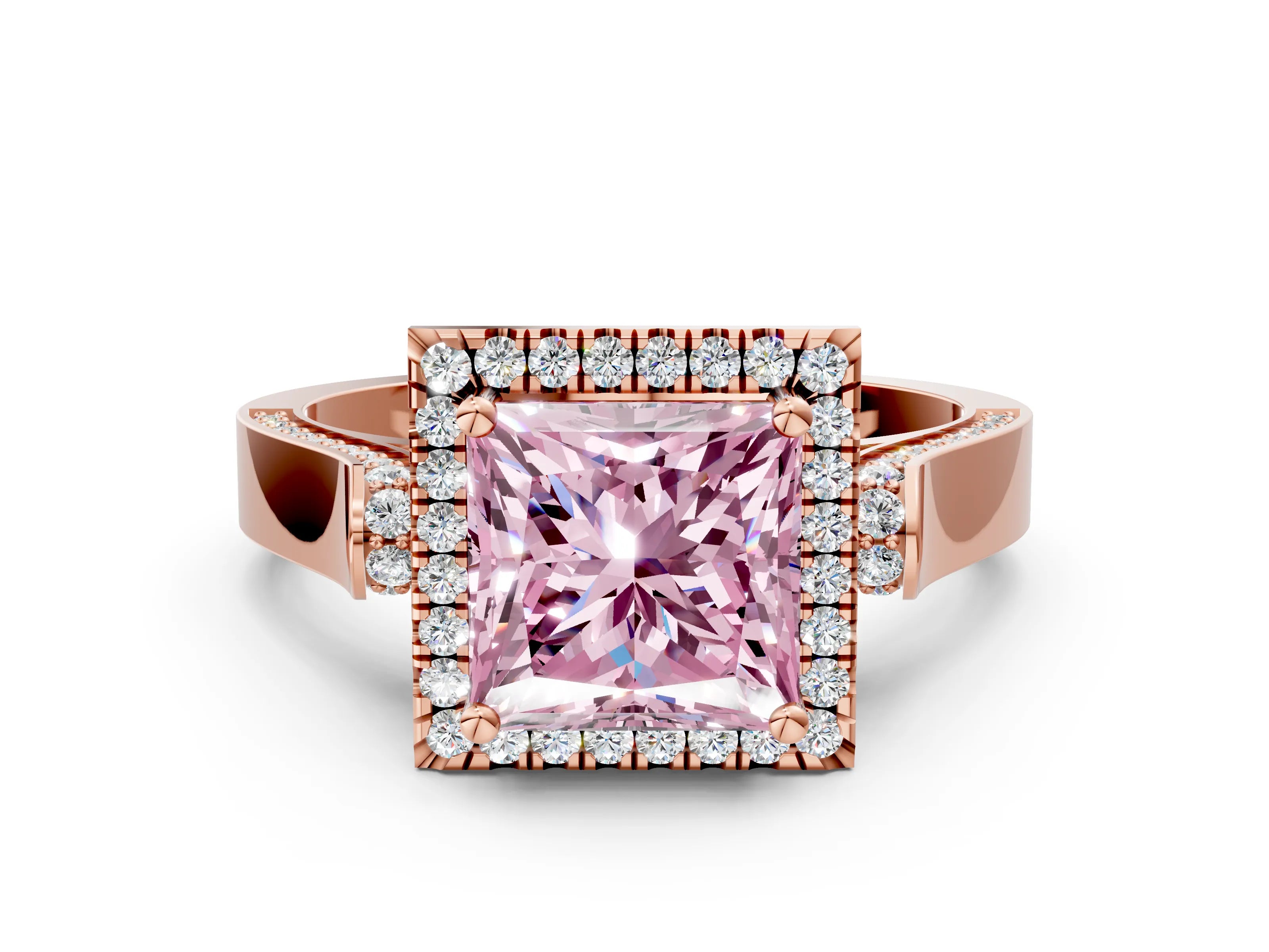 Rose gold Fancy Pink Princess Cut Halo Round Diamond Twist Band with Four-Prong Setting