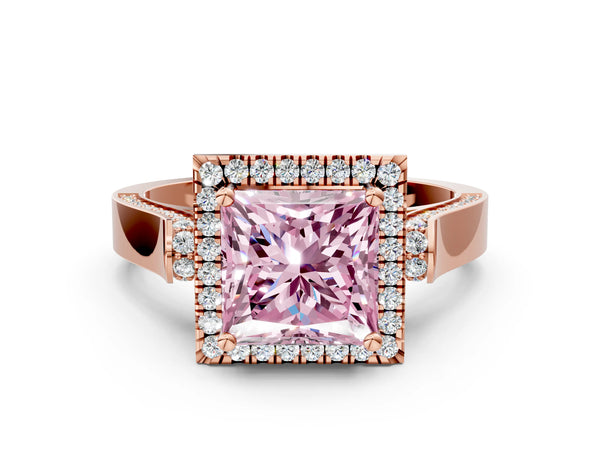 Rose gold Fancy Pink Princess Cut Halo Round Diamond Twist Band with Four-Prong Setting