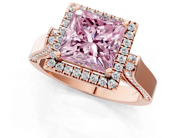 Rose gold Fancy Pink Princess Cut Halo Round Diamond Twist Band with Four-Prong Setting