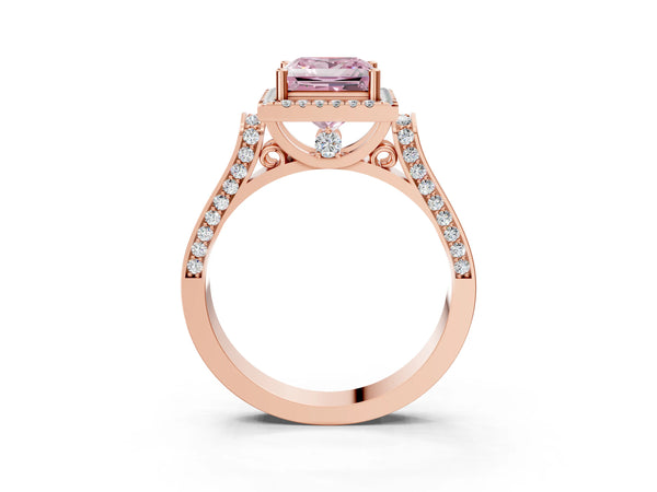 Rose gold Fancy Pink Princess Cut Halo Round Diamond Twist Band with Four-Prong Setting