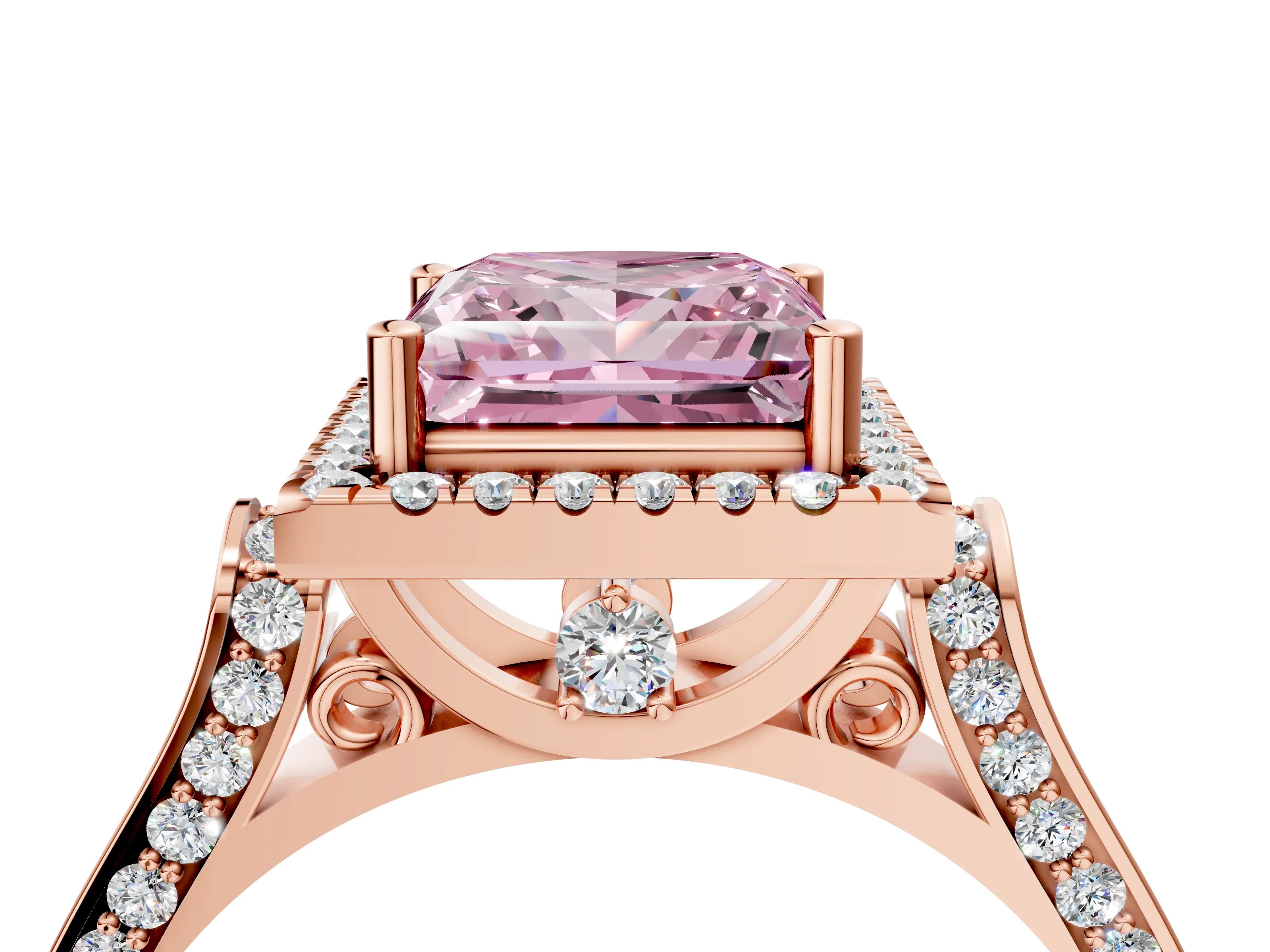 Rose gold Fancy Pink Princess Cut Halo Round Diamond Twist Band with Four-Prong Setting_4