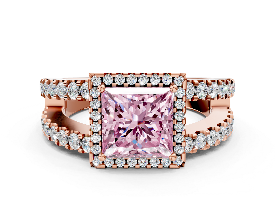 Rose gold Fancy Pink Princess  Cut Halo Split Shank Diamond Ring with Four-Prong Setting