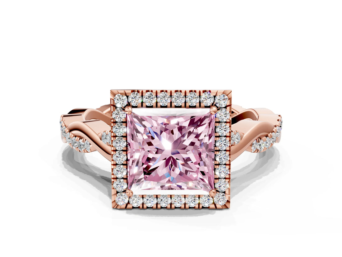 Rose gold Fancy Pink Princess Cut Halo Twist Band with Four-Prong Setting_12