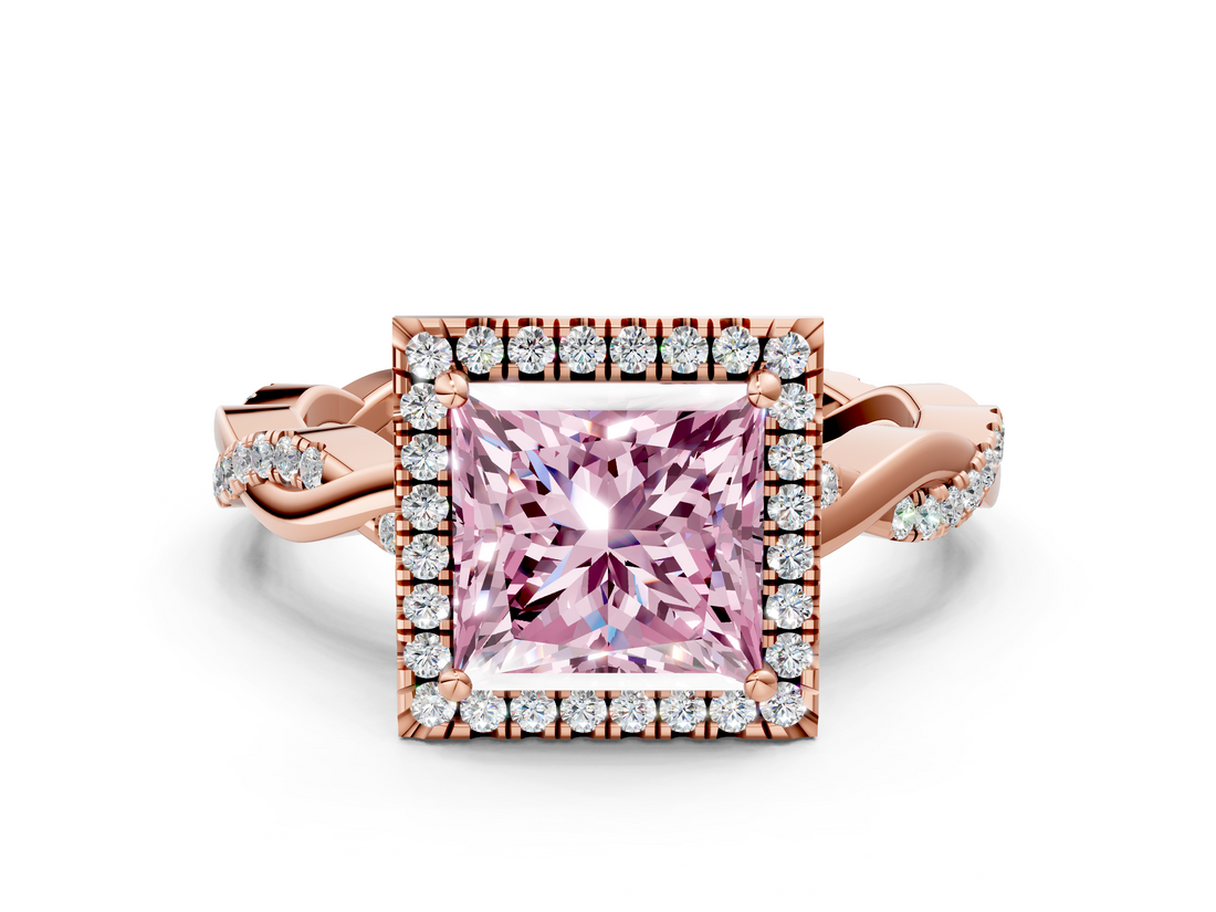 Rose gold Fancy Pink Princess  Cut Halo Twisted Band Four-Prong Ring