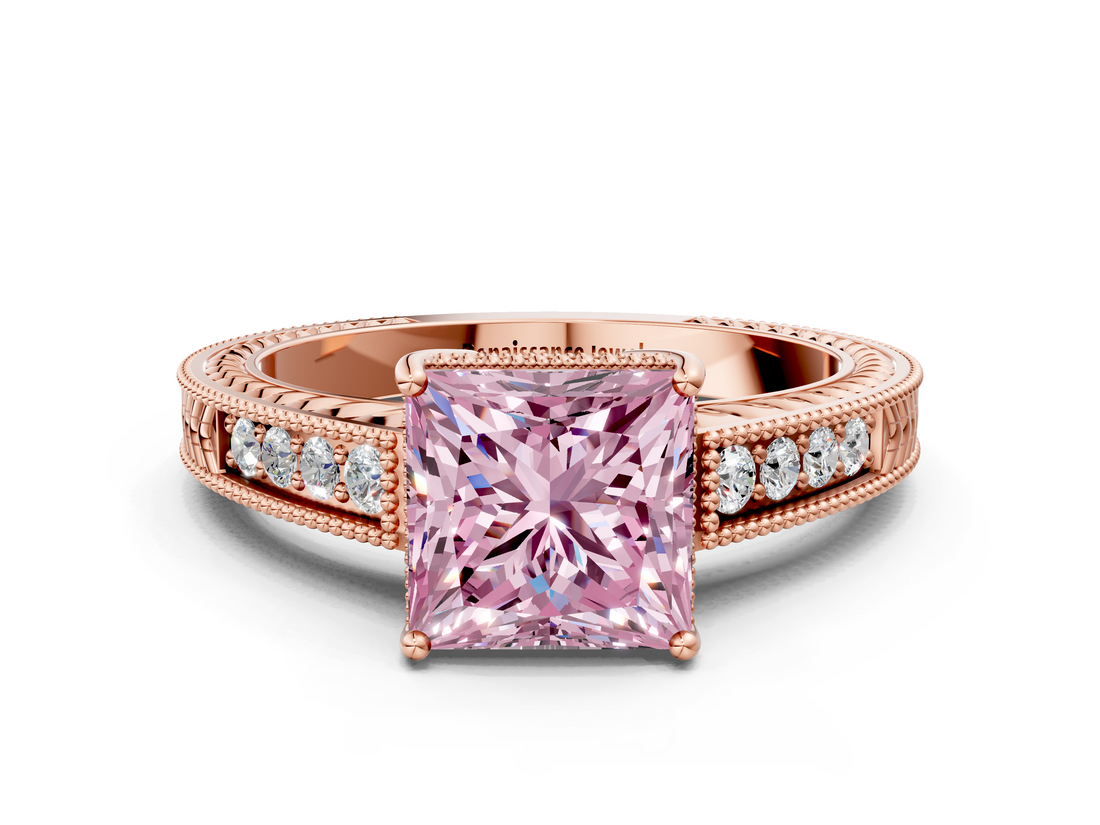 Rose gold Fancy Pink Princess  Cut Milgrain Channel Set Engagement Ring with Solitaire Prong Setting