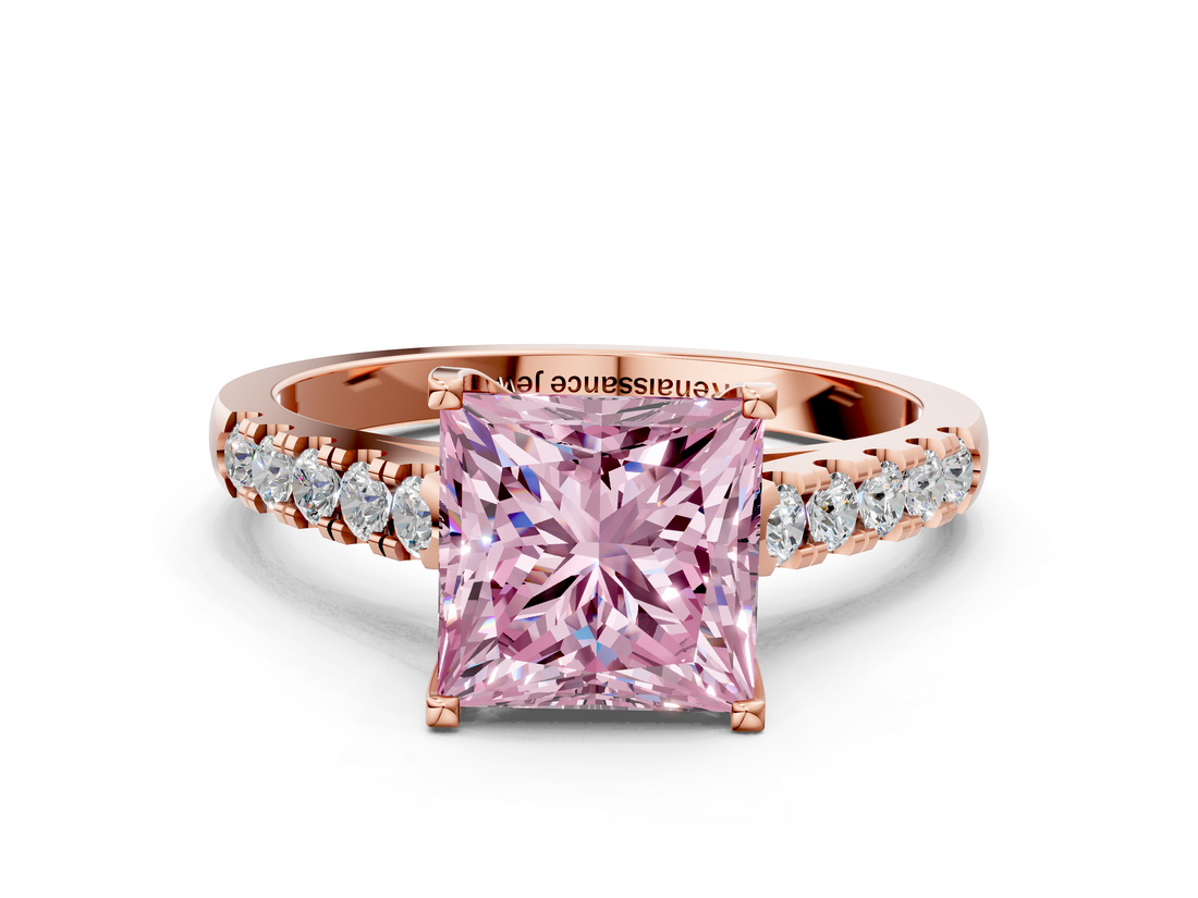 Rose gold Fancy Pink Princess  Cut Pavé Band Solitaire Ring with Four-Prong Setting