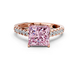 Rose gold Fancy Pink Princess  Cut Pavé Band Solitaire Ring with Four-Prong Setting