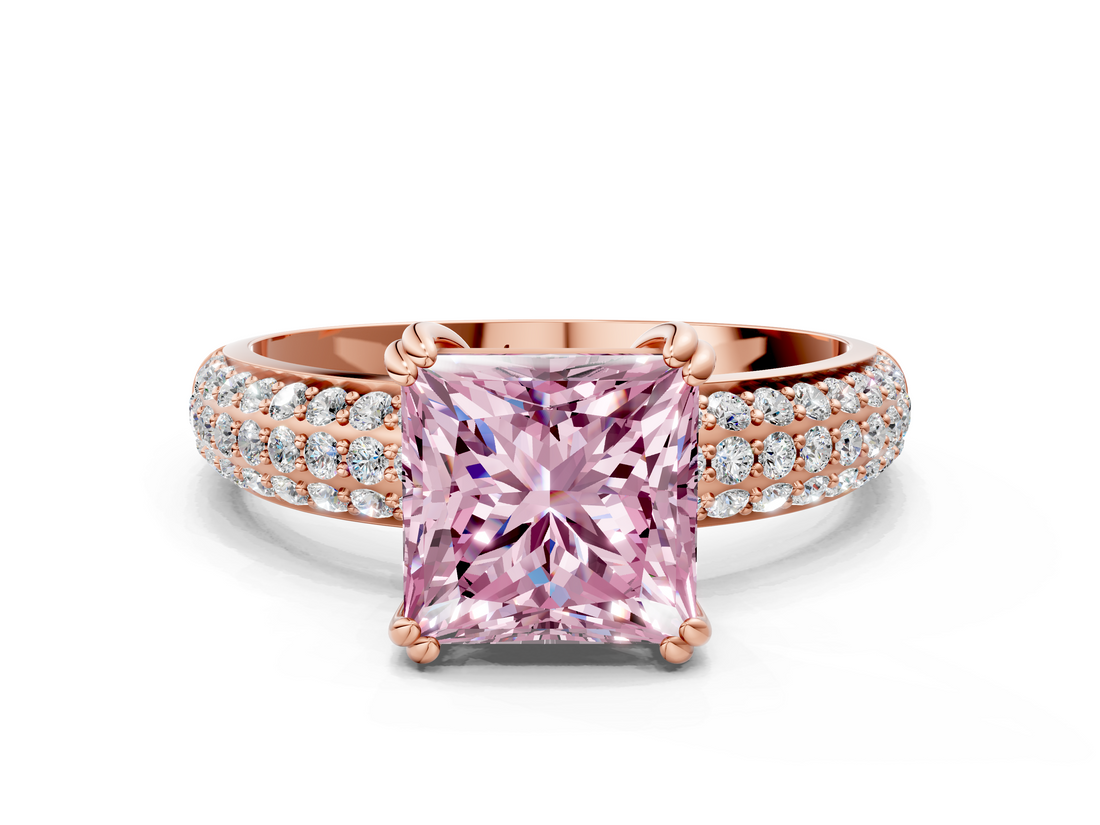 Rose gold Fancy Pink Princess  Cut Pave Diamond Engagement Ring with Channel Set Band and Four-Prong Setting