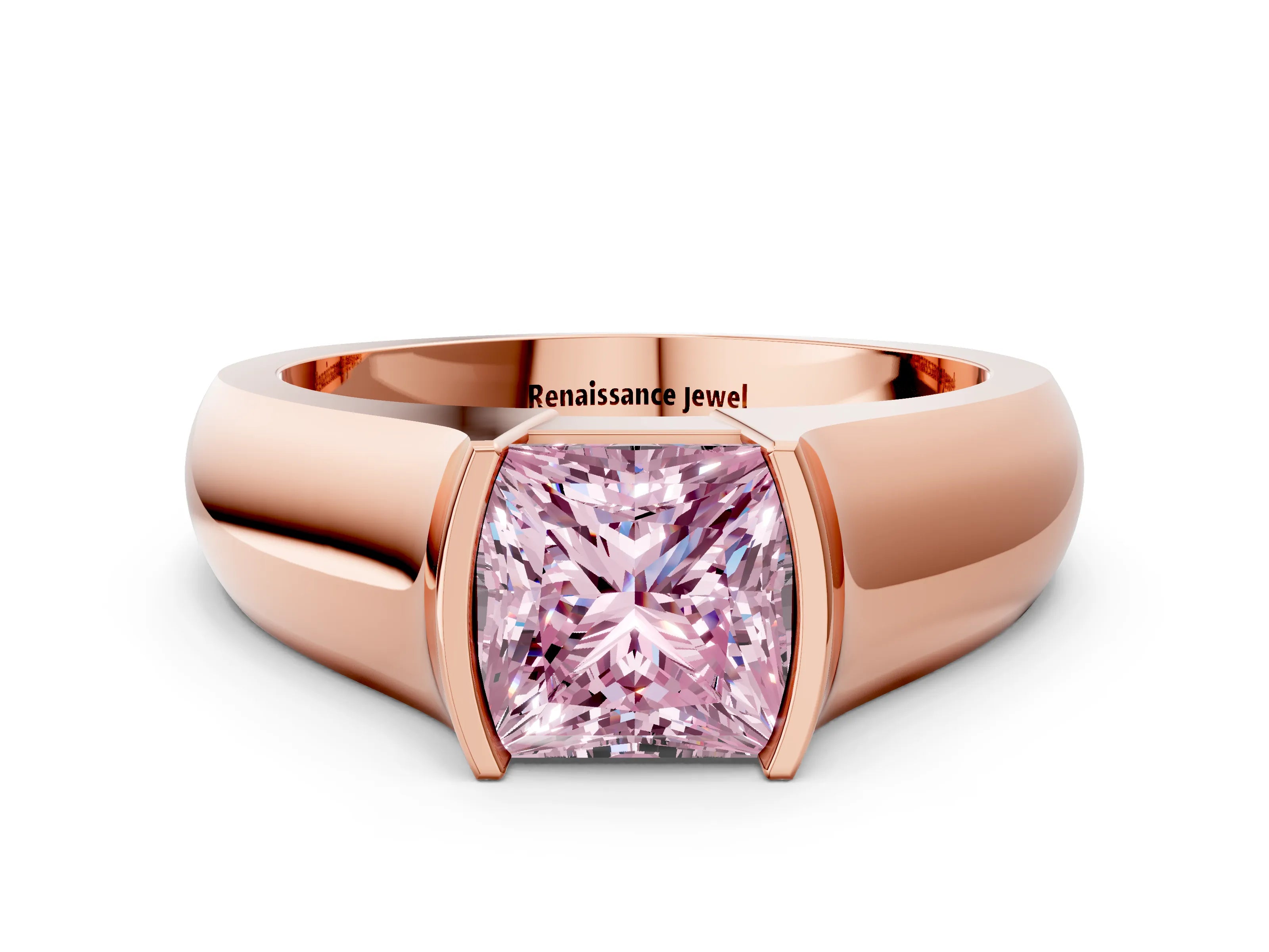 Rose gold Fancy Pink Princess Cut Solitaire Bezel Set Diamond Ring with Wide Band