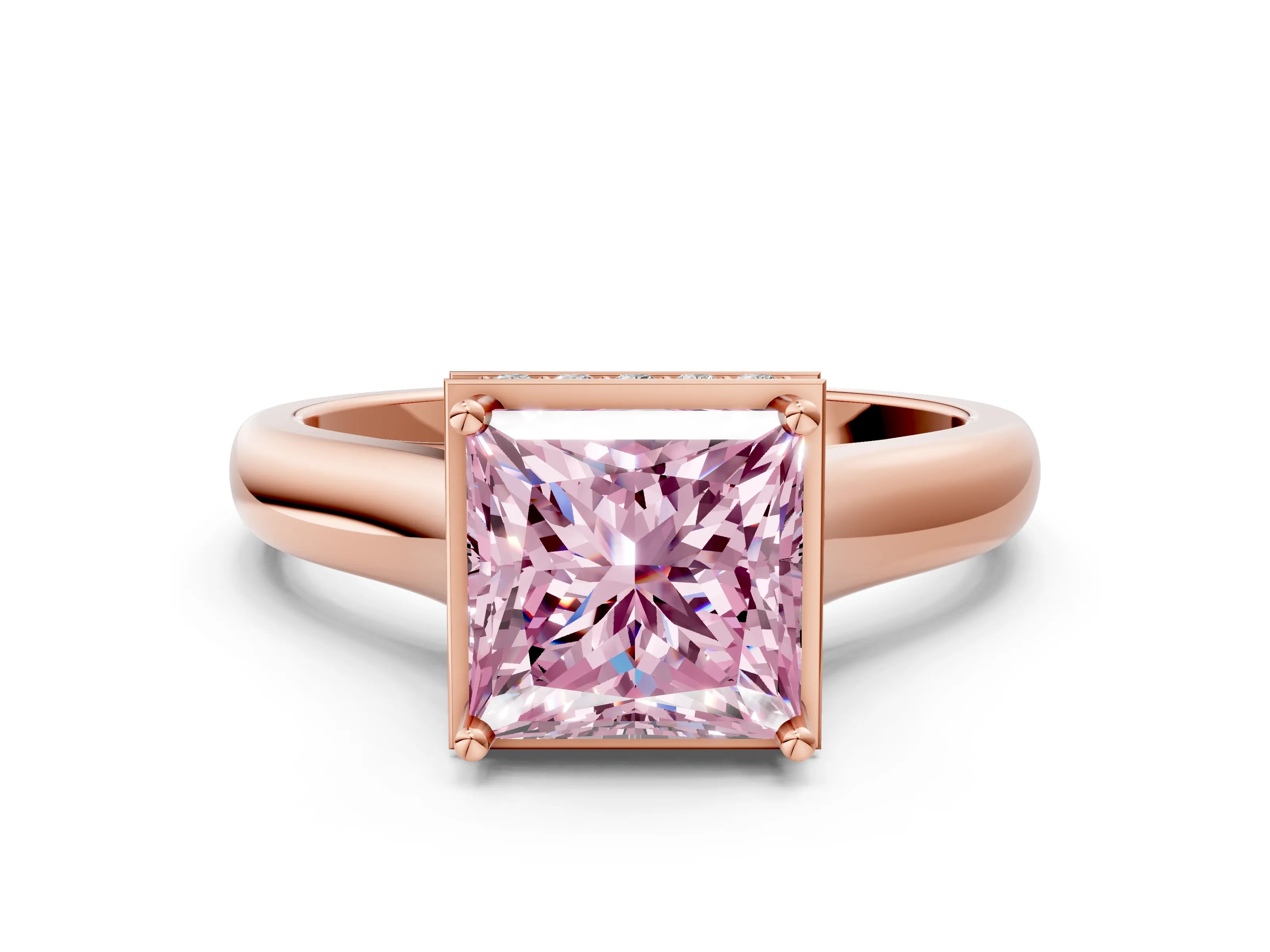Rose gold Fancy Pink Princess Cut Solitaire Diamond Engagement Ring with Four-Prong Setting and Tapered Band