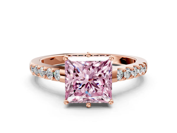 Rose gold Fancy Pink Princess Cut Solitaire Diamond Engagement Ring with Pavé Band and Six-Prong Setting