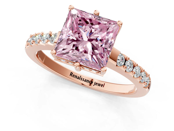 Rose gold Fancy Pink Princess Cut Solitaire Diamond Engagement Ring with Pavé Band and Six-Prong Setting